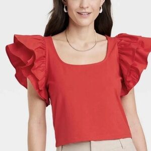 A New Day - Crop Top Double Flutter Short Sleeve - Slim Fit size small red